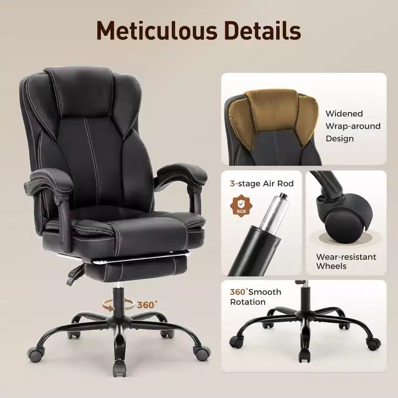 Chaise de bureau ergonomique Captiva Designs Executive, grande taille, pivotante avec repose-pieds et fonction d'inclinaison, noire