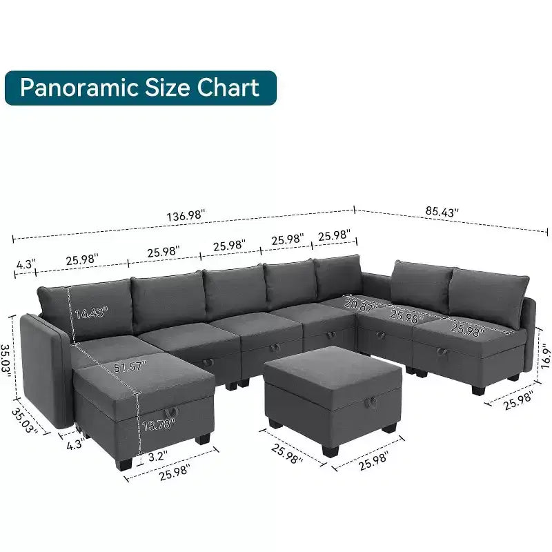 Canapé-lit modulaire sectionnel - 9 places en U - Avec rangement - 2 poufs pour salon