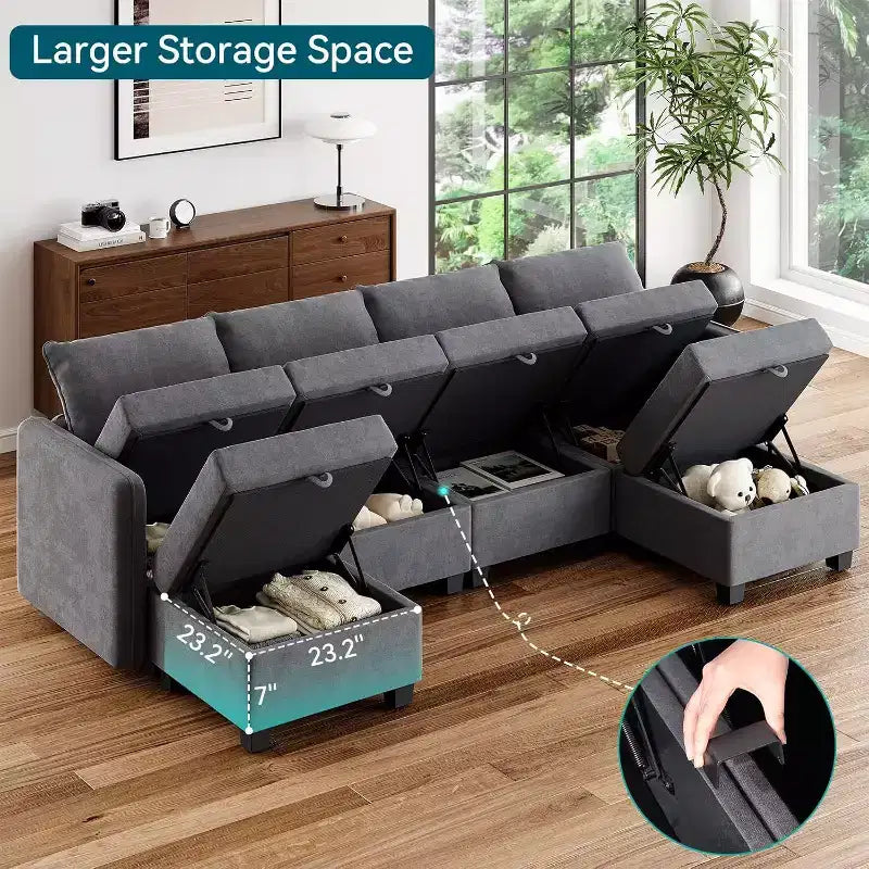Canapé-lit modulaire sectionnel - 9 places en U - Avec rangement - 2 poufs pour salon
