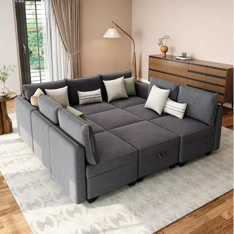 Canapé-lit modulaire sectionnel - 9 places en U - Avec rangement - 2 poufs pour salon