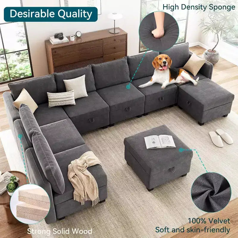Canapé-lit modulaire sectionnel - 9 places en U - Avec rangement - 2 poufs pour salon