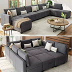 Canapé-lit modulaire sectionnel - 9 places en U - Avec rangement - 2 poufs pour salon