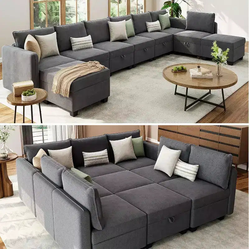 Canapé-lit modulaire sectionnel - 9 places en U - Avec rangement - 2 poufs pour salon