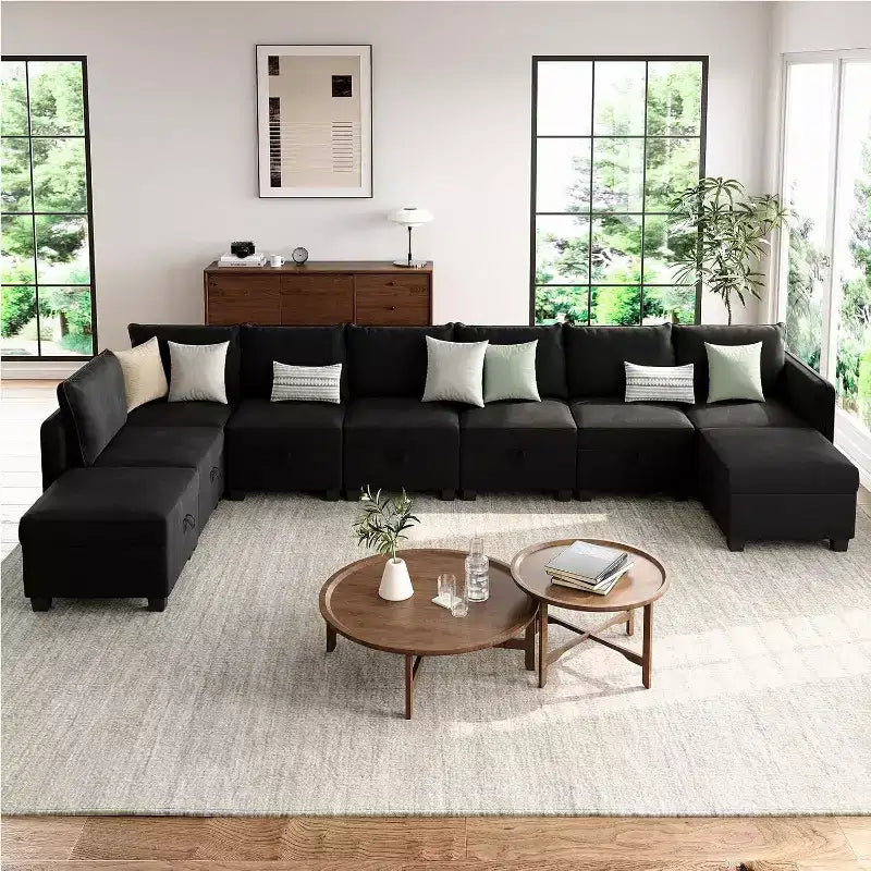 Canapé-lit modulaire sectionnel - 9 places en U - Avec rangement - 2 poufs pour salon
