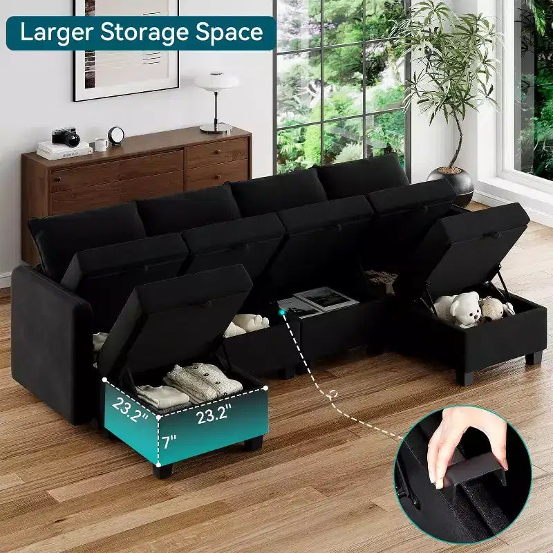 Canapé-lit modulaire sectionnel - 9 places en U - Avec rangement - 2 poufs pour salon