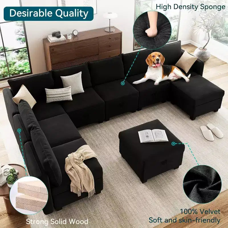 Canapé-lit modulaire sectionnel - 9 places en U - Avec rangement - 2 poufs pour salon