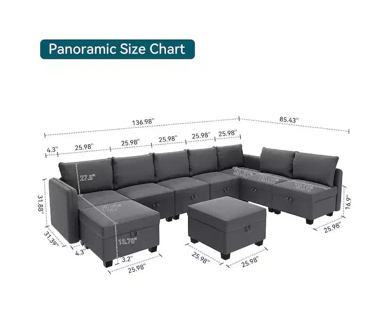 Canapé-lit modulaire sectionnel - 9 places en U - Avec rangement - 2 poufs pour salon