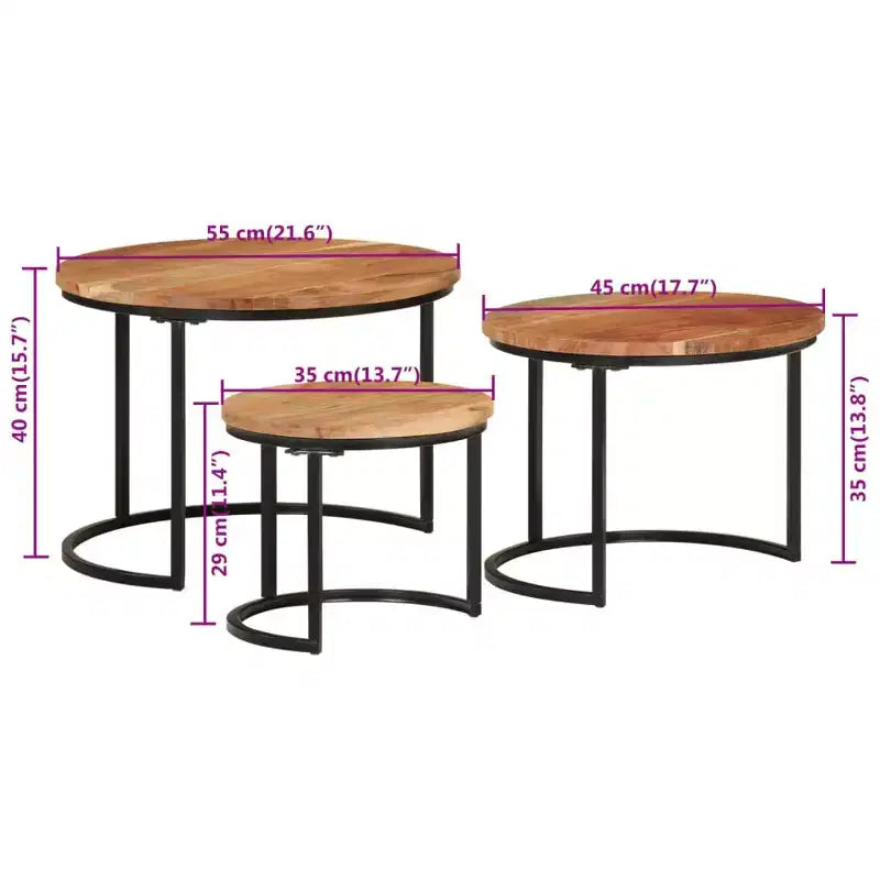 Tables gigognes (lot de 3), bois naturel et noir