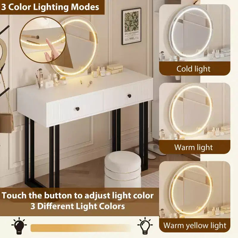 Coiffeuse avec miroir et lumières - 3 couleurs de lumières LED, grand espace de rangement, design moderne, matériaux de qualité et construction solide