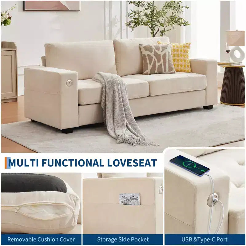90 canapés modernes 2 places, canapés en chenille avec assise extra large et profonde, port de charge USB/Type-C et poche latérale, coussin de canapé de fermeté moyenne