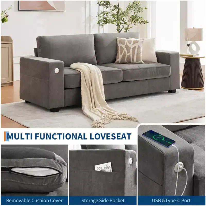 90 canapés modernes 2 places, canapés en chenille avec assise extra large et profonde, port de charge USB/Type-C et poche latérale, coussin de canapé de fermeté moyenne