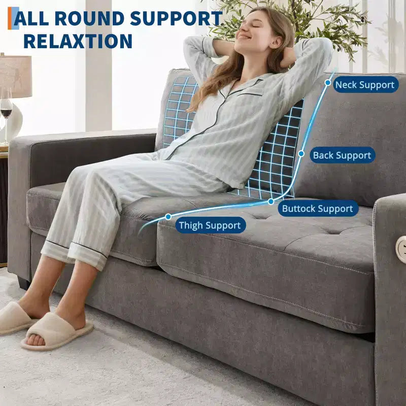 90 canapés modernes 2 places, canapés en chenille avec assise extra large et profonde, port de charge USB/Type-C et poche latérale, coussin de canapé de fermeté moyenne
