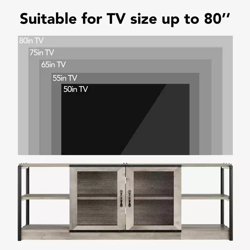 Meuble TV industriel style ferme avec 2 portes grillagées, centre de divertissement pour TV de 73 à 80 pouces, meuble console média robuste avec étagères réglables, armoire de rangement