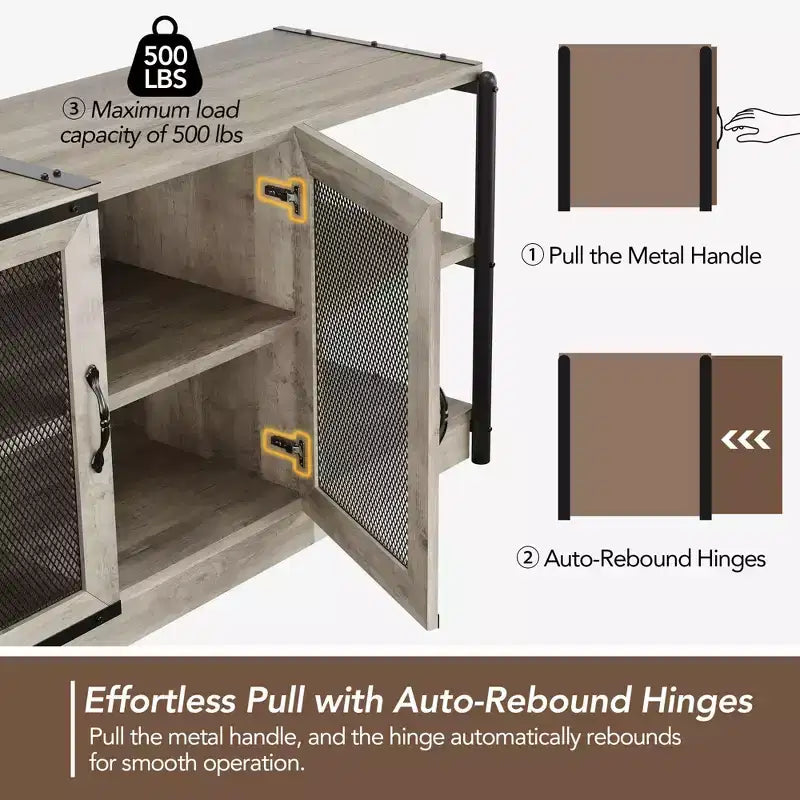 Meuble TV industriel style ferme avec 2 portes grillagées, centre de divertissement pour TV de 73 à 80 pouces, meuble console média robuste avec étagères réglables, armoire de rangement
