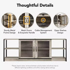 Meuble TV industriel style ferme avec 2 portes grillagées, centre de divertissement pour TV de 73 à 80 pouces, meuble console média robuste avec étagères réglables, armoire de rangement