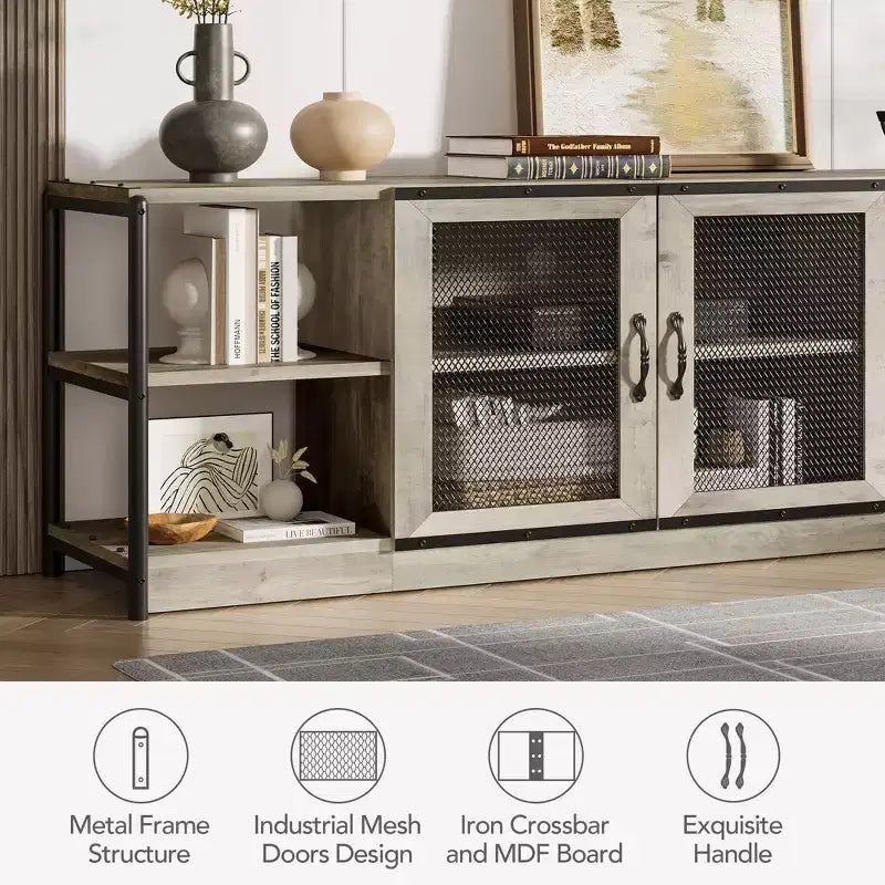 Meuble TV industriel style ferme avec 2 portes grillagées, centre de divertissement pour TV de 73 à 80 pouces, meuble console média robuste avec étagères réglables, armoire de rangement