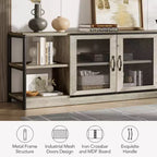 Meuble TV industriel style ferme avec 2 portes grillagées, centre de divertissement pour TV de 73 à 80 pouces, meuble console média robuste avec étagères réglables, armoire de rangement