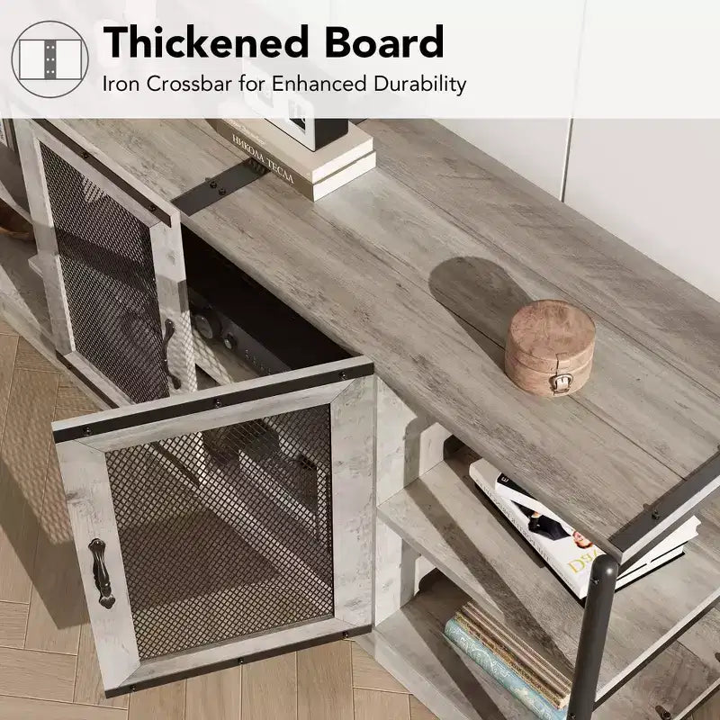 Meuble TV industriel style ferme avec 2 portes grillagées, centre de divertissement pour TV de 73 à 80 pouces, meuble console média robuste avec étagères réglables, armoire de rangement