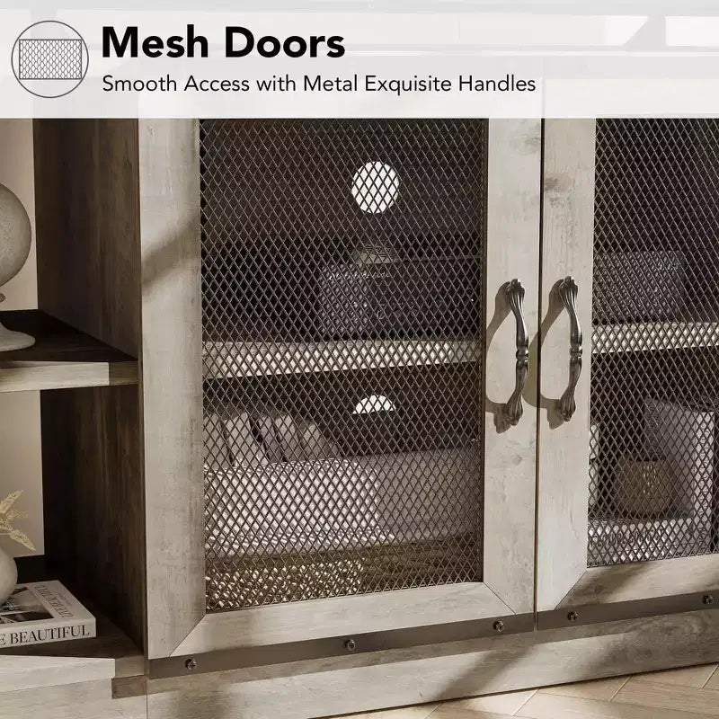 Meuble TV industriel style ferme avec 2 portes grillagées, centre de divertissement pour TV de 73 à 80 pouces, meuble console média robuste avec étagères réglables, armoire de rangement