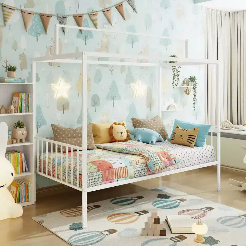 Lit de sol Montessori convertible 3-en-1 Polibi en métal avec barrières de sécurité et cadre à baldaquin
