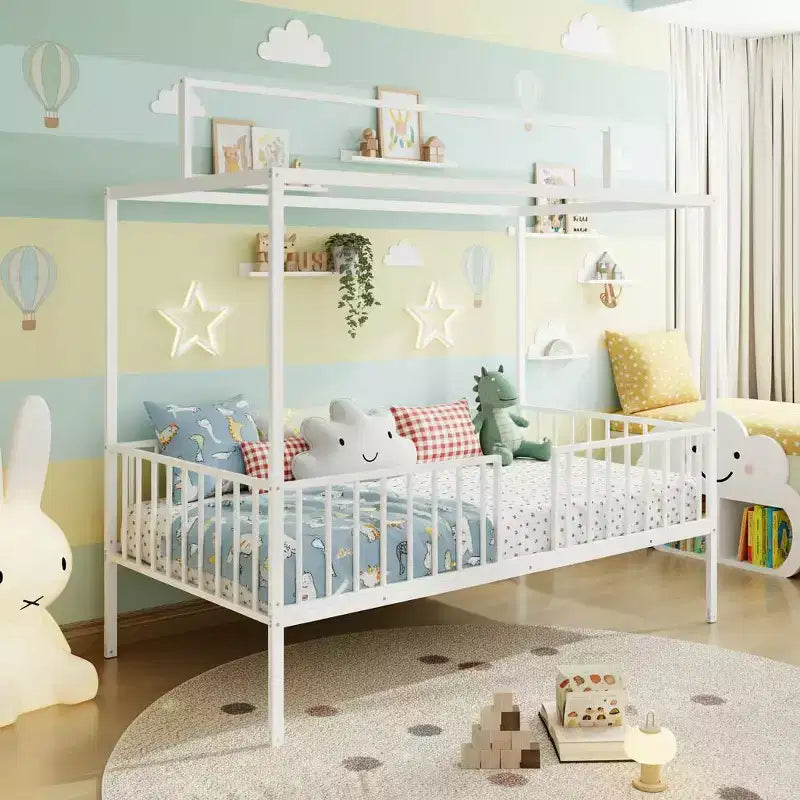 Lit de sol Montessori convertible 3-en-1 Polibi en métal avec barrières de sécurité et cadre à baldaquin