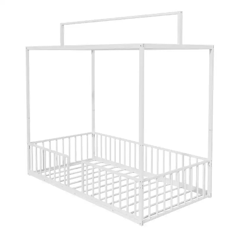 Lit de sol Montessori convertible 3-en-1 Polibi en métal avec barrières de sécurité et cadre à baldaquin