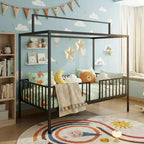 Lit de sol Montessori convertible 3-en-1 Polibi en métal avec barrières de sécurité et cadre à baldaquin