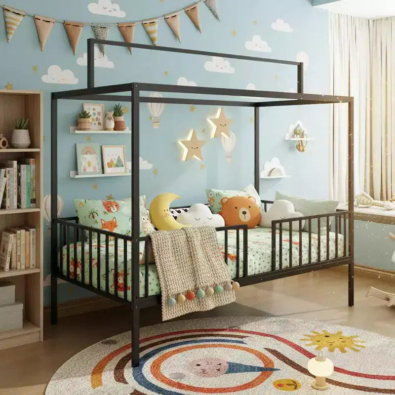 Lit de sol Montessori convertible 3-en-1 Polibi en métal avec barrières de sécurité et cadre à baldaquin