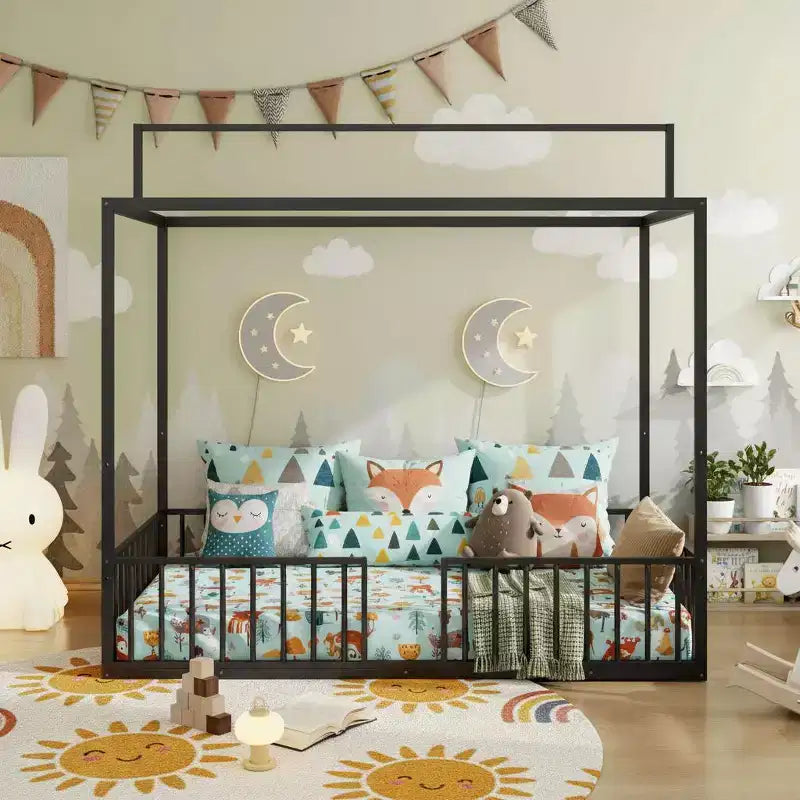 Lit de sol Montessori convertible 3-en-1 Polibi en métal avec barrières de sécurité et cadre à baldaquin