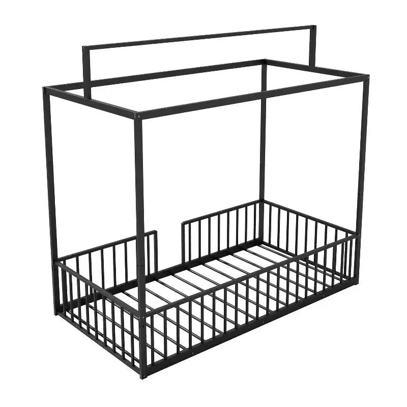 Lit de sol Montessori convertible 3-en-1 Polibi en métal avec barrières de sécurité et cadre à baldaquin