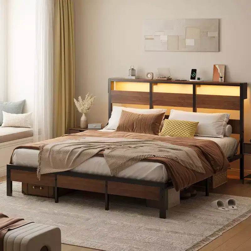 Lit double Bestier avec LED, cadre de lit plateforme en métal avec tête de lit de rangement et station de charge, sommier avec cadre robuste, Noyer