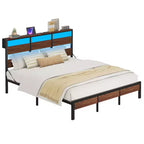 Lit double Bestier avec LED, cadre de lit plateforme en métal avec tête de lit de rangement et station de charge, sommier avec cadre robuste, Noyer