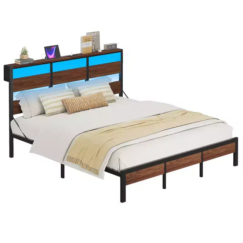 Lit double Bestier avec LED, cadre de lit plateforme en métal avec tête de lit de rangement et station de charge, sommier avec cadre robuste, Noyer