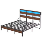 Lit double Bestier avec LED, cadre de lit plateforme en métal avec tête de lit de rangement et station de charge, sommier avec cadre robuste, Noyer