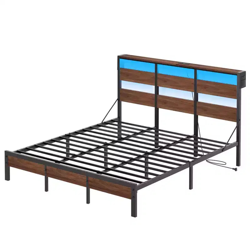 Lit double Bestier avec LED, cadre de lit plateforme en métal avec tête de lit de rangement et station de charge, sommier avec cadre robuste, Noyer