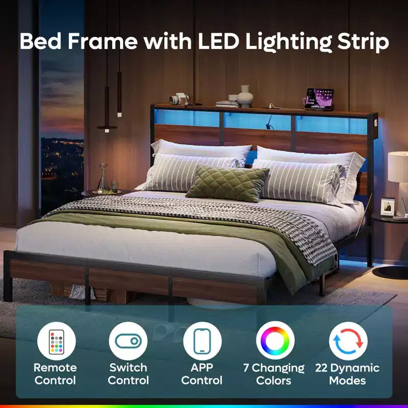 Lit double Bestier avec LED, cadre de lit plateforme en métal avec tête de lit de rangement et station de charge, sommier avec cadre robuste, Noyer