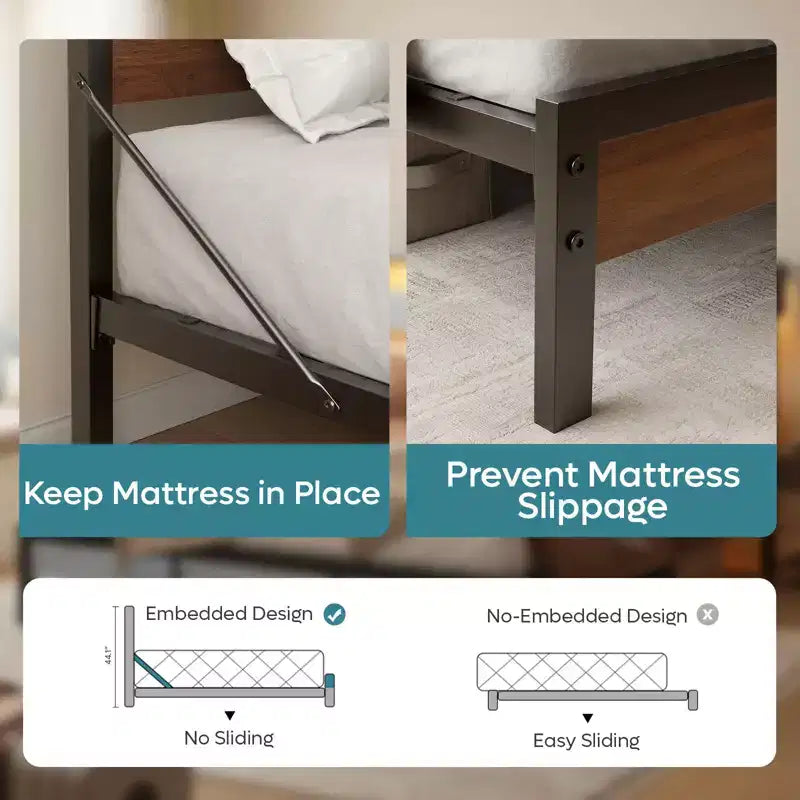 Lit double Bestier avec LED, cadre de lit plateforme en métal avec tête de lit de rangement et station de charge, sommier avec cadre robuste, Noyer