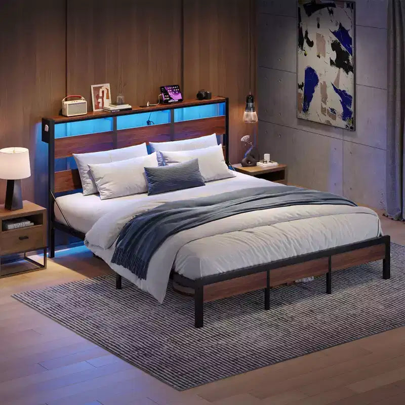 Lit double Bestier avec LED, cadre de lit plateforme en métal avec tête de lit de rangement et station de charge, sommier avec cadre robuste, Noyer