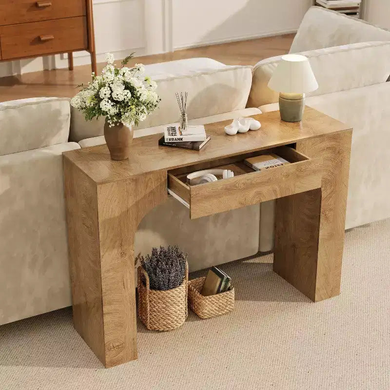 Console longue avec tiroir, table de canapé rectangulaire en bois derrière le canapé, tables de couloir d'entrée de ferme pour l'entrée, salon