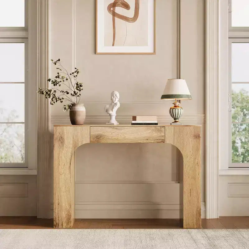 Console longue avec tiroir, table de canapé rectangulaire en bois derrière le canapé, tables de couloir d'entrée de ferme pour l'entrée, salon