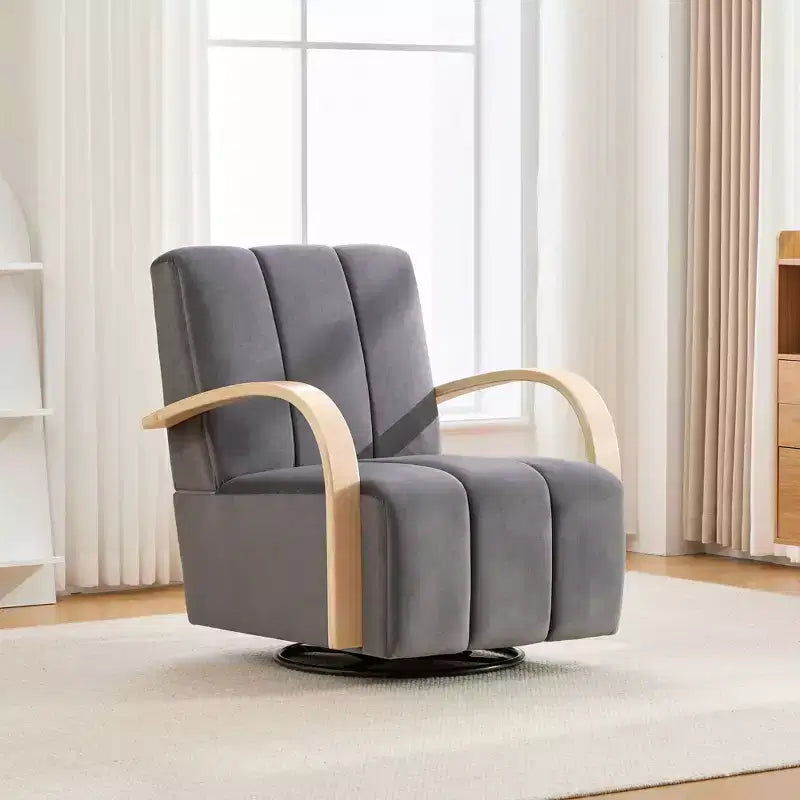 Fauteuil de salon pivotant rembourré Okak Mid-Century avec accoudoirs en bois massif, fauteuil d'appoint décontracté pour salons, espaces de détente