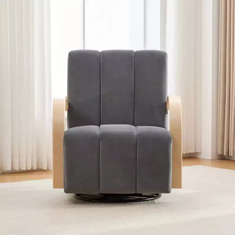 Fauteuil de salon pivotant rembourré Okak Mid-Century avec accoudoirs en bois massif, fauteuil d'appoint décontracté pour salons, espaces de détente