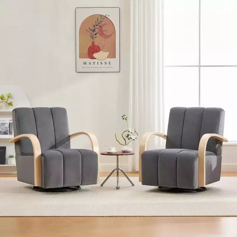 Fauteuil de salon pivotant rembourré Okak Mid-Century avec accoudoirs en bois massif, fauteuil d'appoint décontracté pour salons, espaces de détente