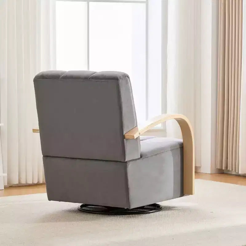 Fauteuil de salon pivotant rembourré Okak Mid-Century avec accoudoirs en bois massif, fauteuil d'appoint décontracté pour salons, espaces de détente