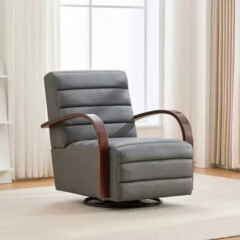 Fauteuil de salon pivotant rembourré Okak Mid-Century avec accoudoirs en bois massif, fauteuil d'appoint décontracté pour salons, espaces de détente