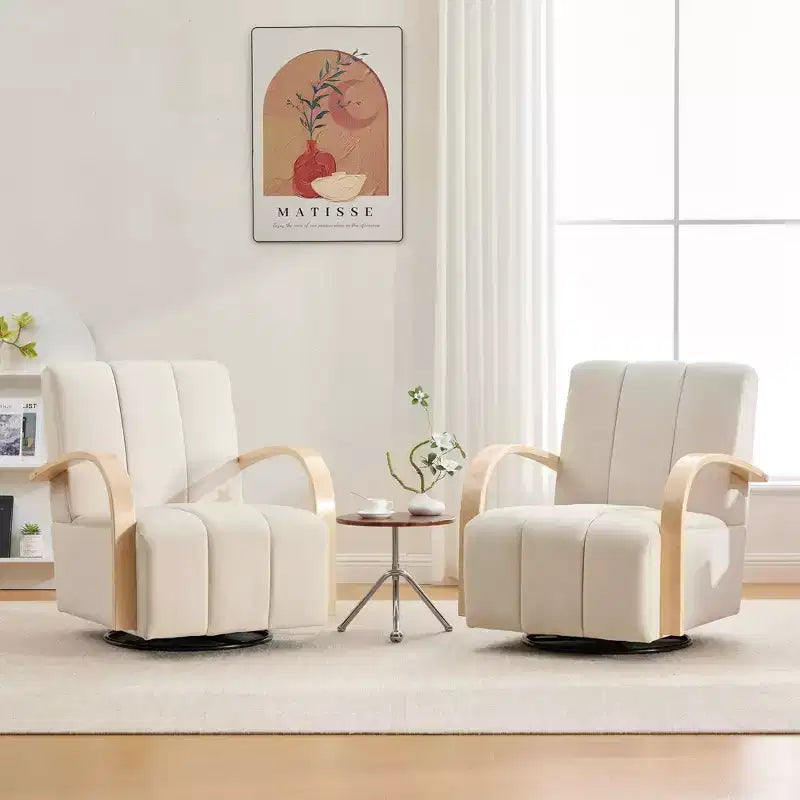 Fauteuil de salon pivotant rembourré Okak Mid-Century avec accoudoirs en bois massif, fauteuil d'appoint décontracté pour salons, espaces de détente
