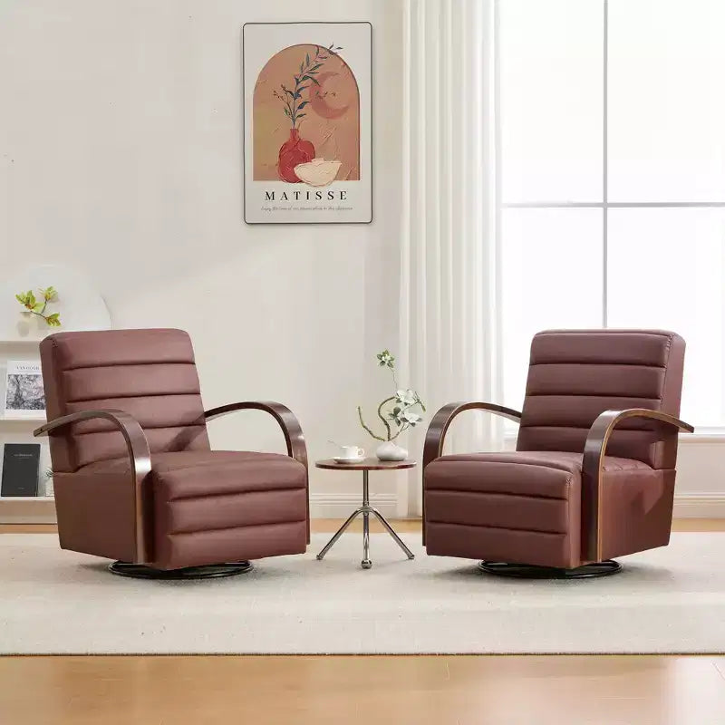 Fauteuil de salon pivotant rembourré Okak Mid-Century avec accoudoirs en bois massif, fauteuil d'appoint décontracté pour salons, espaces de détente