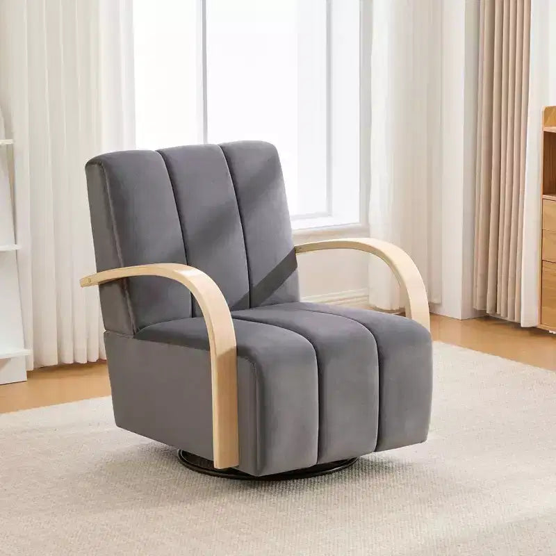 Fauteuil de salon pivotant rembourré Okak Mid-Century avec accoudoirs en bois massif, fauteuil d'appoint décontracté pour salons, espaces de détente