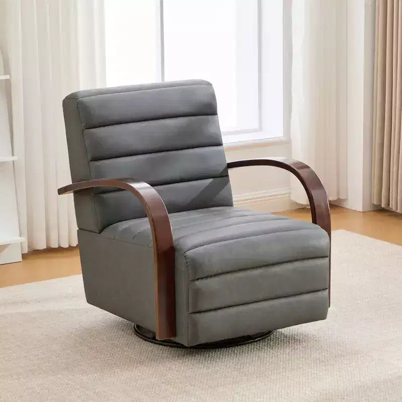 Fauteuil de salon pivotant rembourré Okak Mid-Century avec accoudoirs en bois massif, fauteuil d'appoint décontracté pour salons, espaces de détente