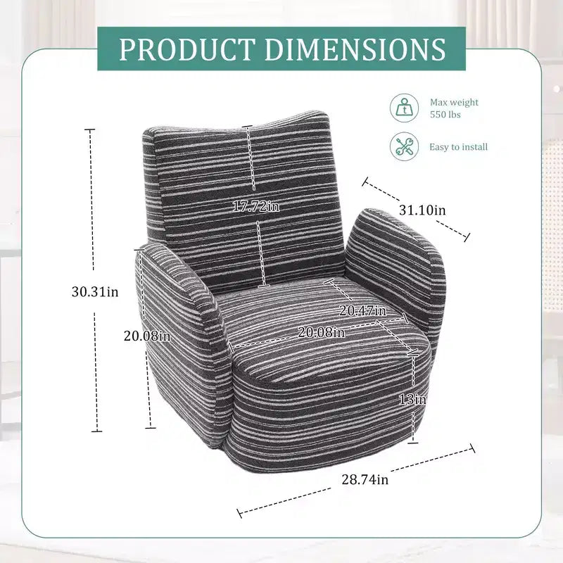 Fauteuil pivotant Okak en tissu rayé, style Mid-Century, au design esthétique, fauteuil d'appoint décontracté pour salons et espaces de détente